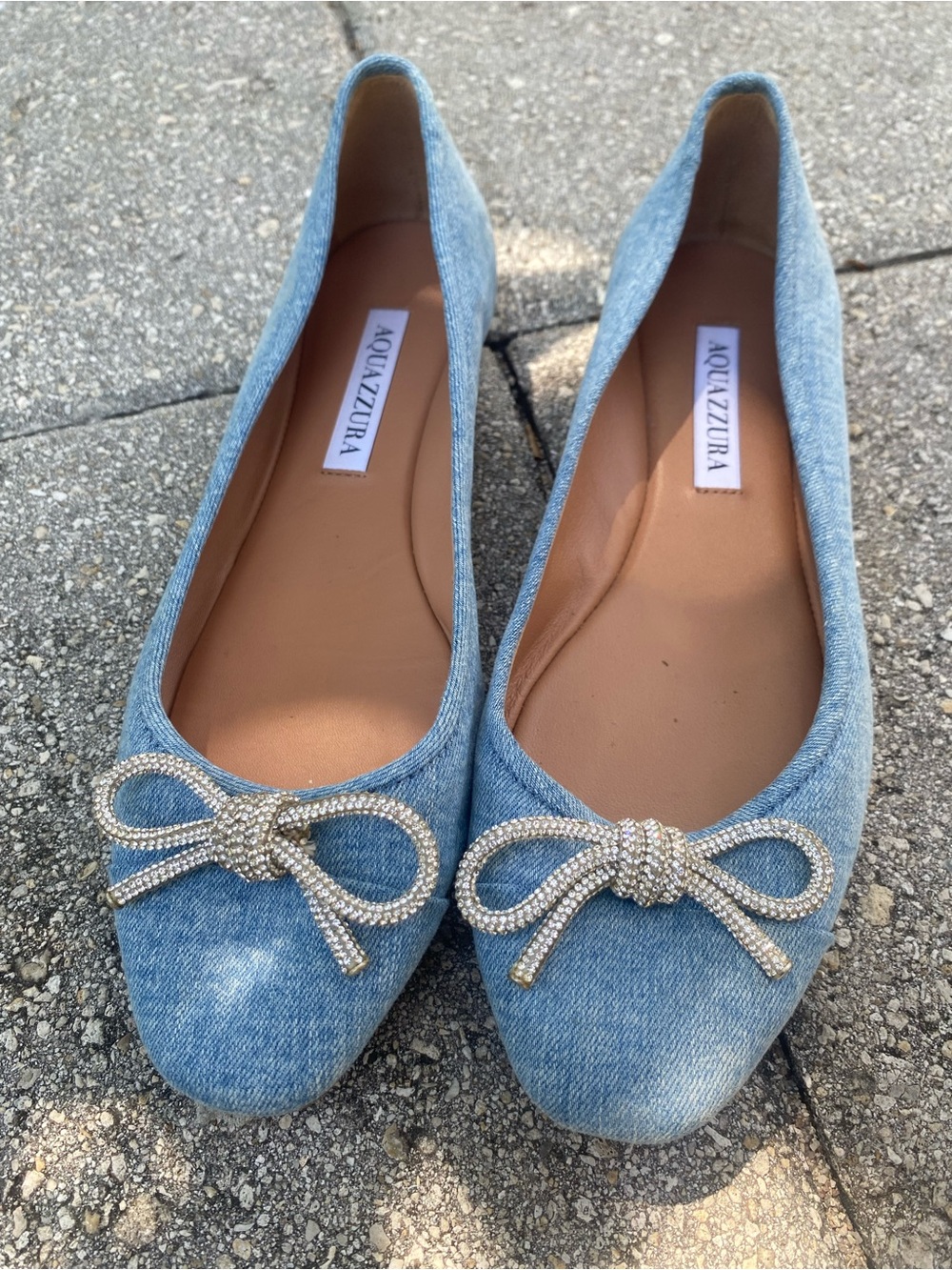 Aquazzura Light Blue Denim Ballet Flats with Crystal Bow